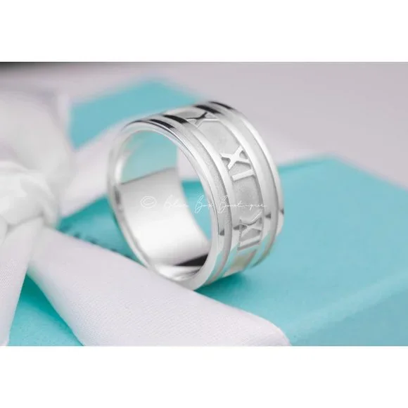 Tiffany & Co. Ring Men's Silver Atlas Roman Numerals Wide Band Vintage 1995 - Picture 9 of 10